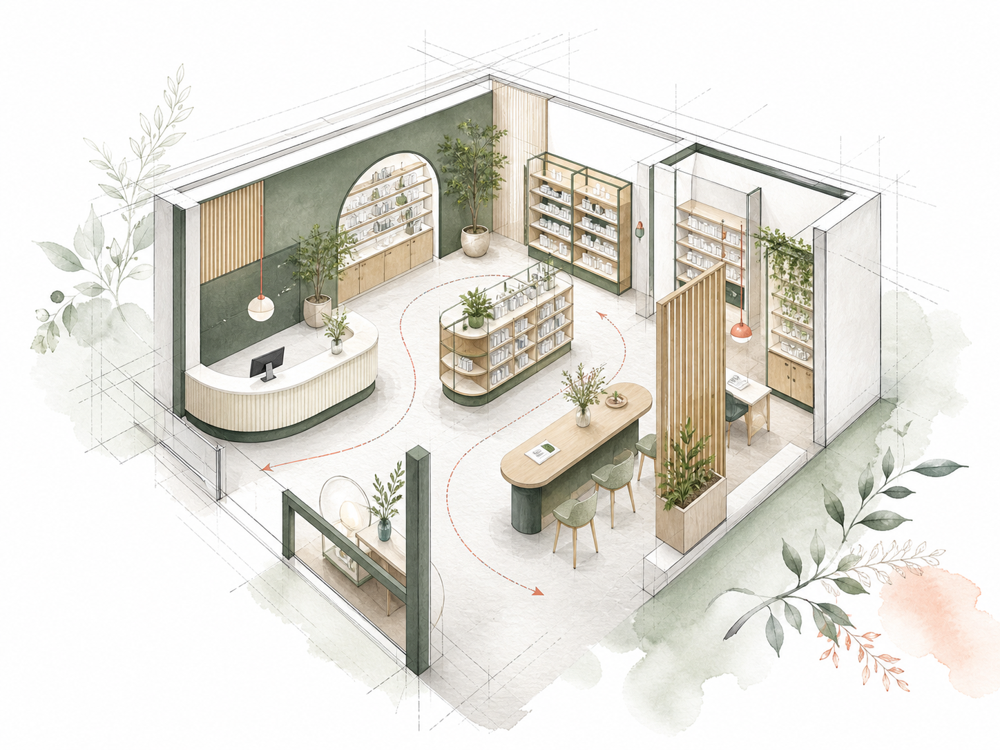 Dessin architectural d’un agencement de pharmacie sur mesure